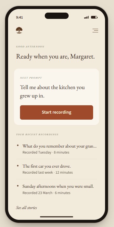 A screen from the Penmora mobile app. A single prompt sits centred on the screen, with a button to start recording beneath it. A list of recent recordings appears at the bottom.