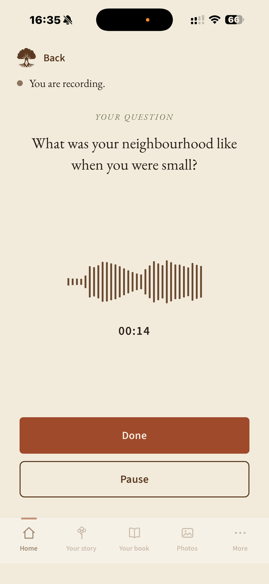 The Penmora recording screen while a story is being told: the question at the top, a sound trace of the voice, a timer at fourteen seconds, and Done and Pause buttons.