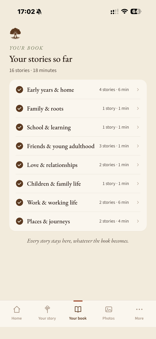 The Penmora app showing Your stories so far: sixteen stories across eighteen minutes, listed chapter by chapter with the number of stories and the minutes recorded in each.