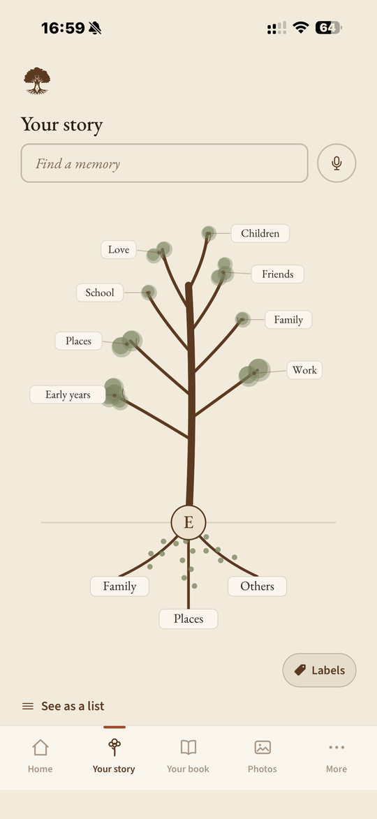 The Penmora Your story screen: a life drawn as a tree, with chapter names on the branches - early years, school, places, love, children, friends, family and work - and the people talked about among the roots.
